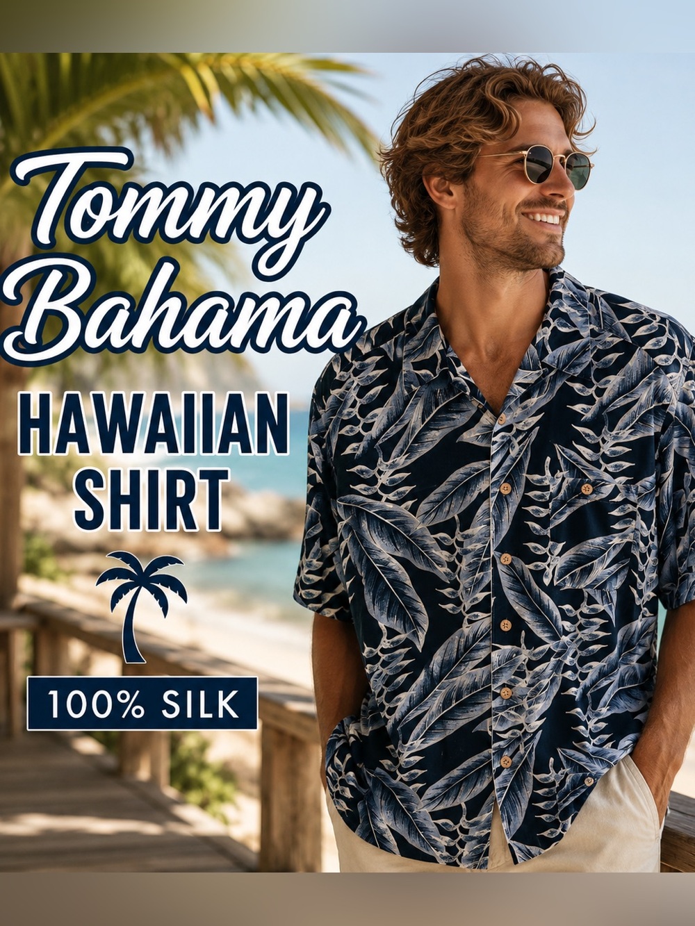 Banana Cabana 100% Silk Hawaiian Camp Shirt Mens Large Navy Black Tropical Aloha